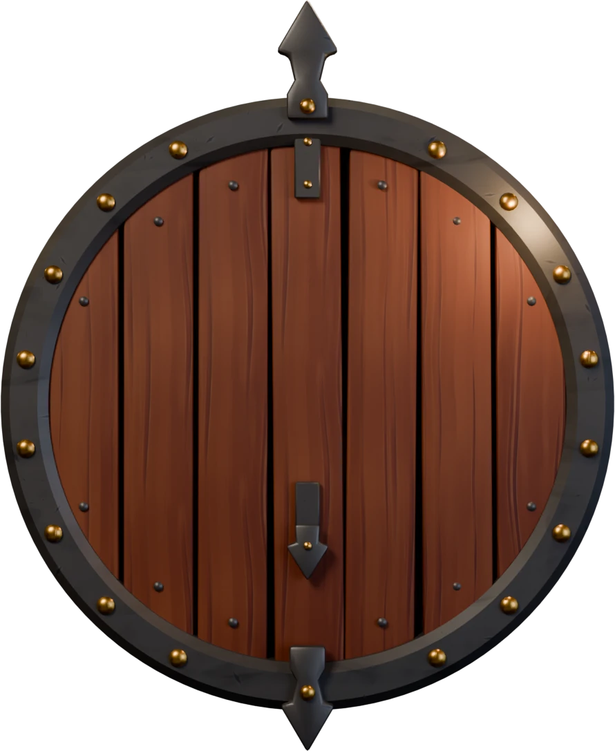 Dynostify – Wappen mit Holzschild, goldener Lilie, Pergament und Efeu